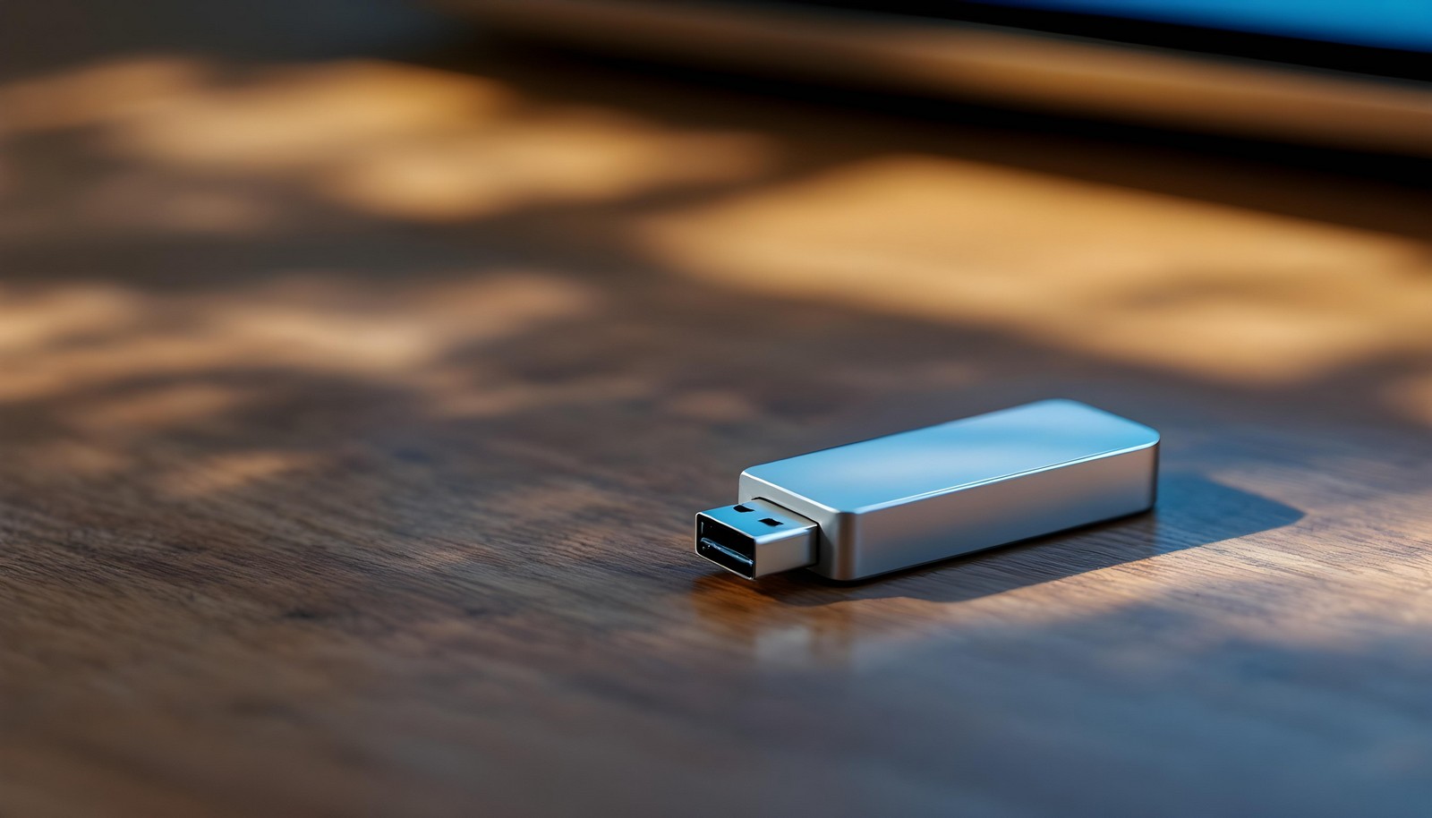 A sleek silver memory stick placed on a wooden desk, illuminated by soft natural light, symbolizing portable storage and data transfer convenience.