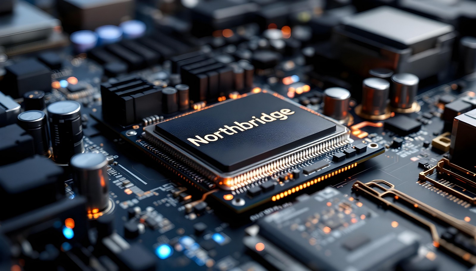A close-up image of a computer motherboard highlighting the Northbridge chip, showcasing intricate circuit design and technology connections.