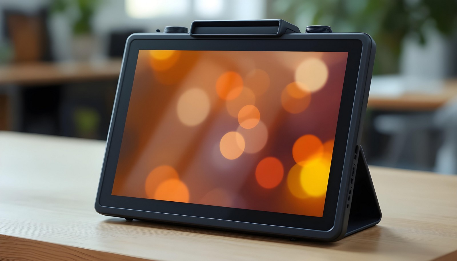 A sleek portable monitor with a vivid display showing blurred warm lights, set on a wooden desk in a modern workspace, highlighting its compact and stylish design.