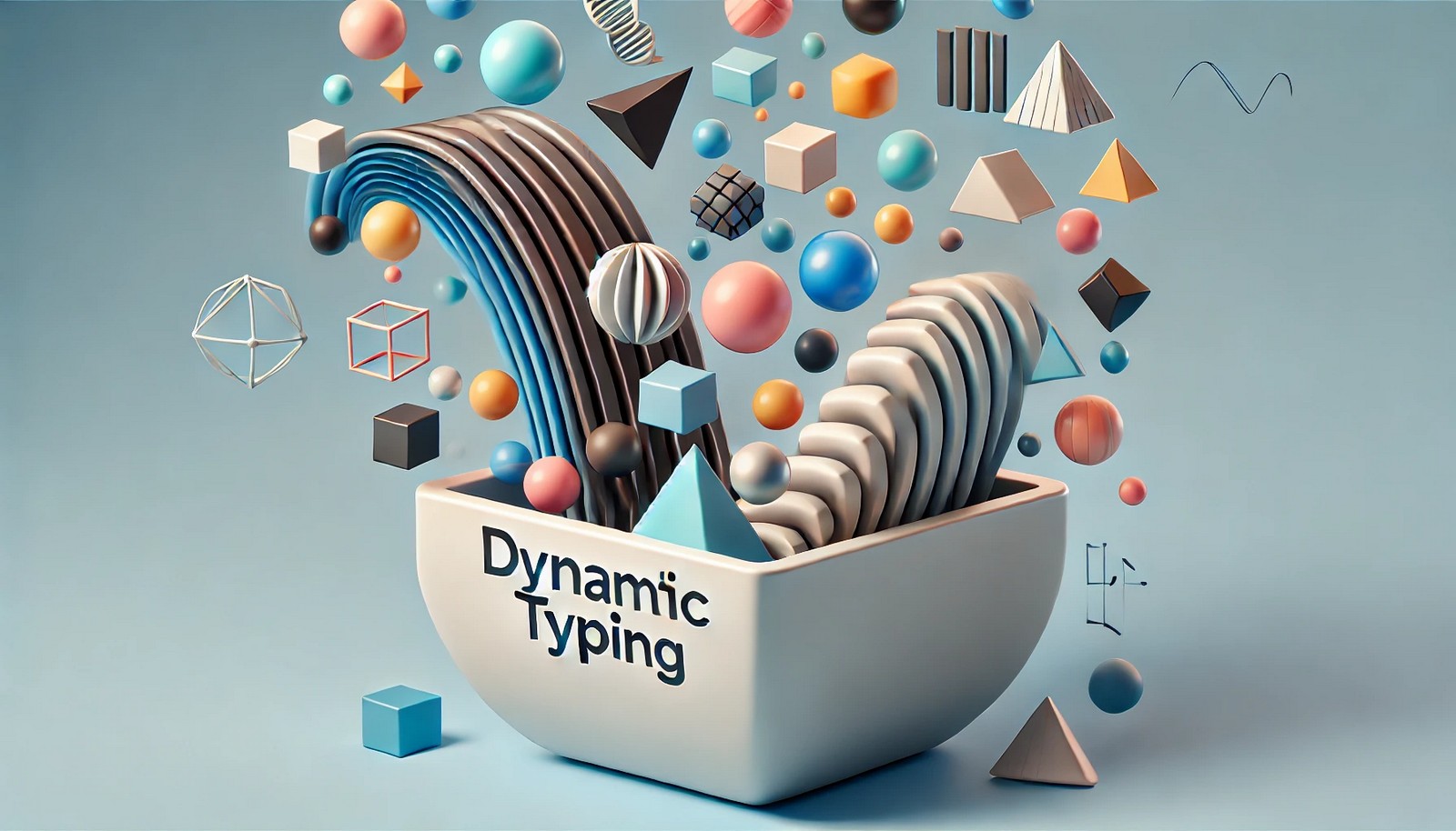 An abstract illustration of a flexible container holding colorful geometric shapes like spheres, cubes, and pyramids, symbolizing dynamic typing with adaptability and transformation in a clean, modern style.