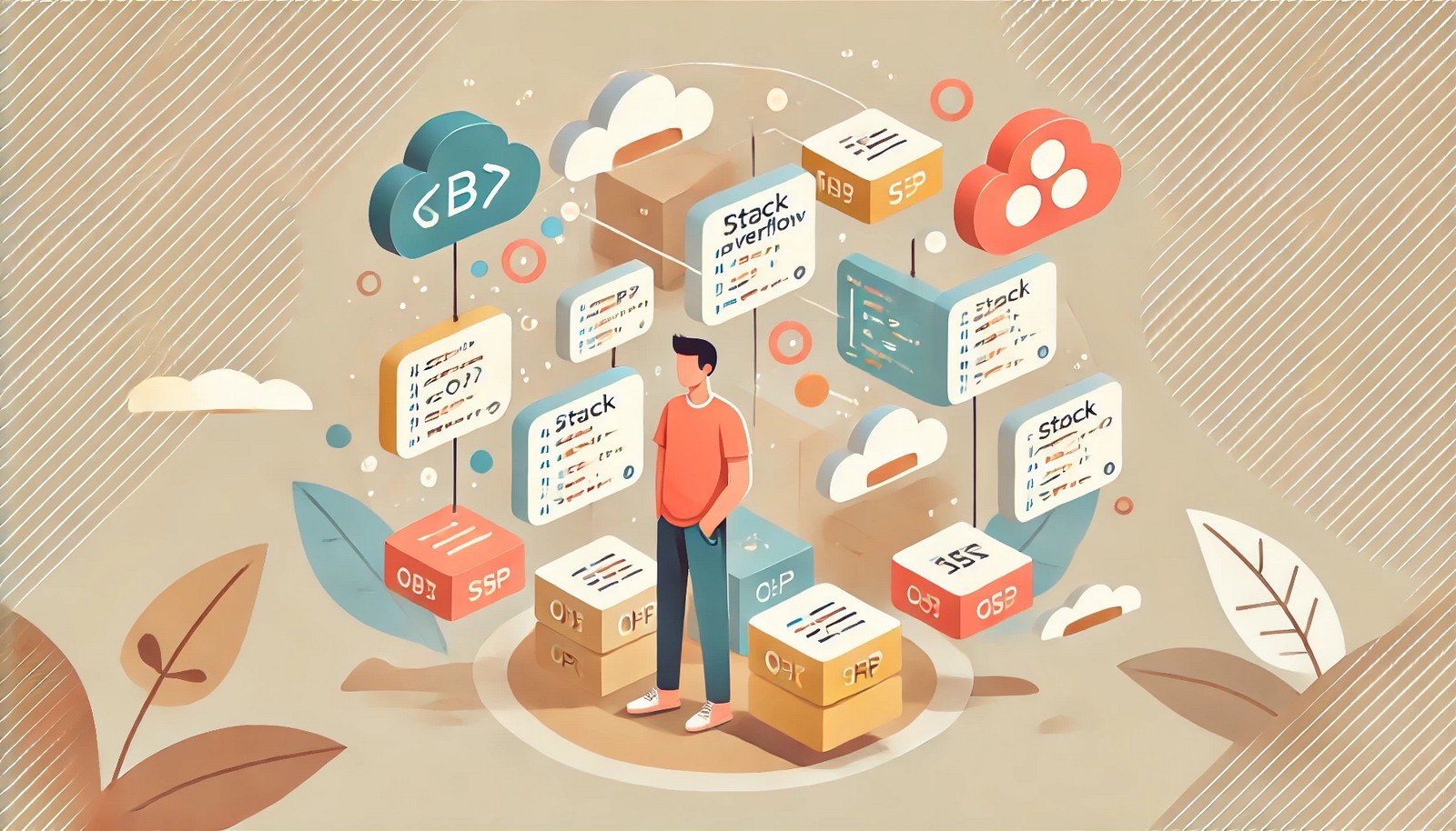 A modern flat-style illustration showing a programmer at a desk surrounded by floating code snippets and thought bubbles, symbolizing collaborative problem-solving in an inviting and colorful workspace.