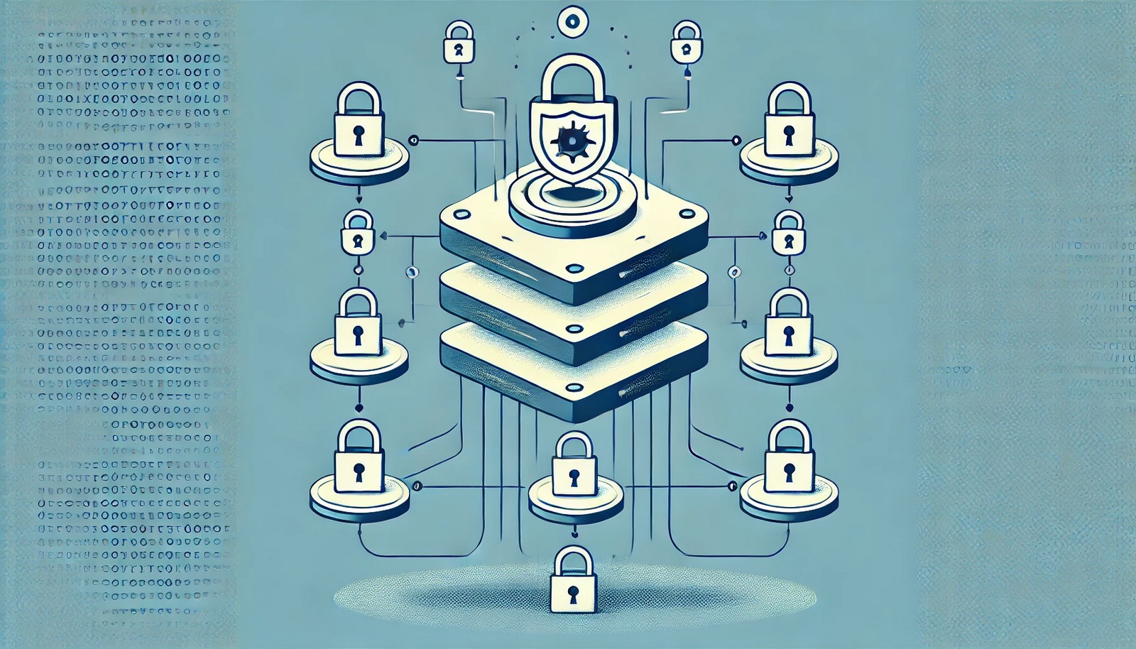 An abstract representation of Public Key Infrastructure (PKI) showing a hierarchical trust system with a central authority issuing certificates and two entities securely exchanging encrypted messages using padlocks.