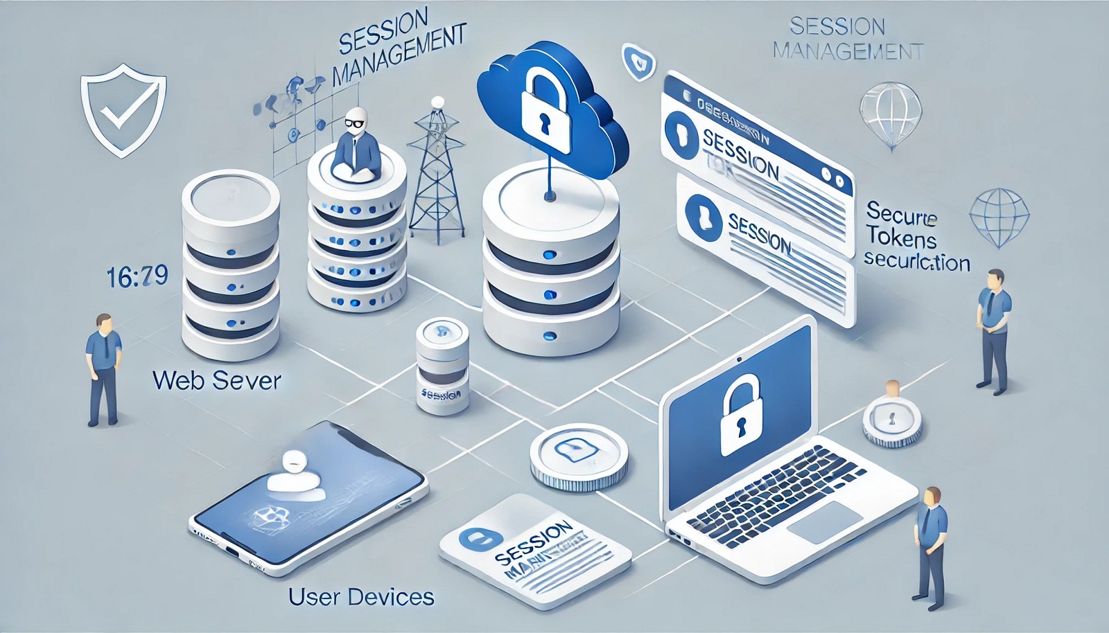 Illustration of session management showing a web server, laptop, and smartphone interconnected with secure tokens or cookies symbolizing seamless and secure communication between devices.