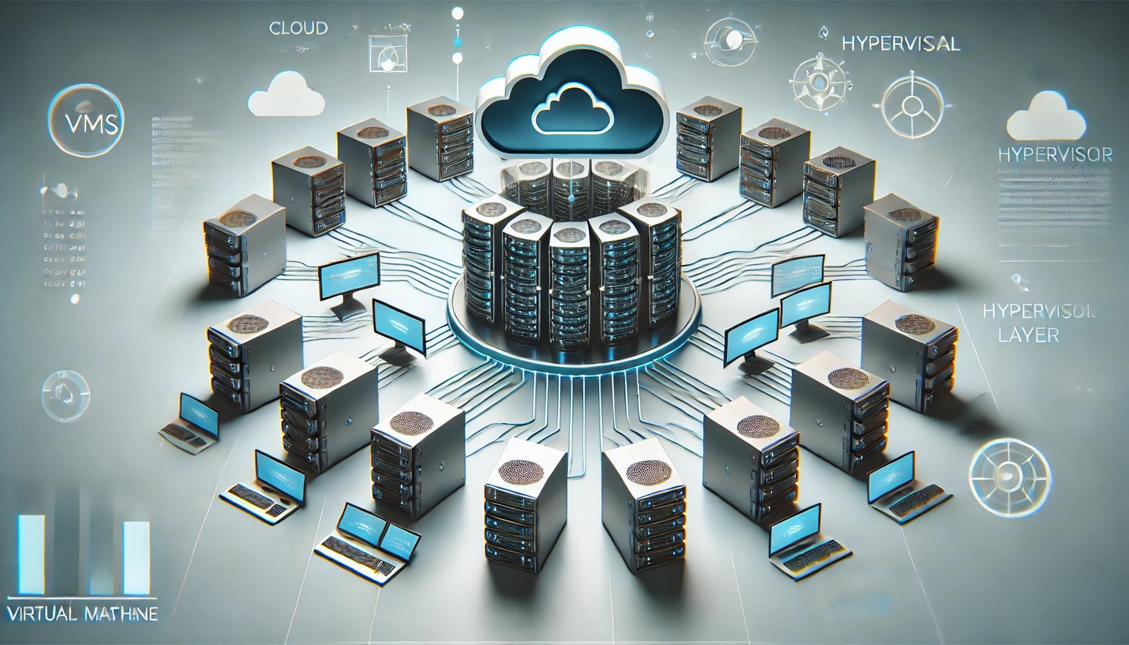 A conceptual illustration showing a central server managing multiple isolated virtual environments through a hypervisor layer, symbolizing virtualization and cloud infrastructure in a professional and minimalistic design.