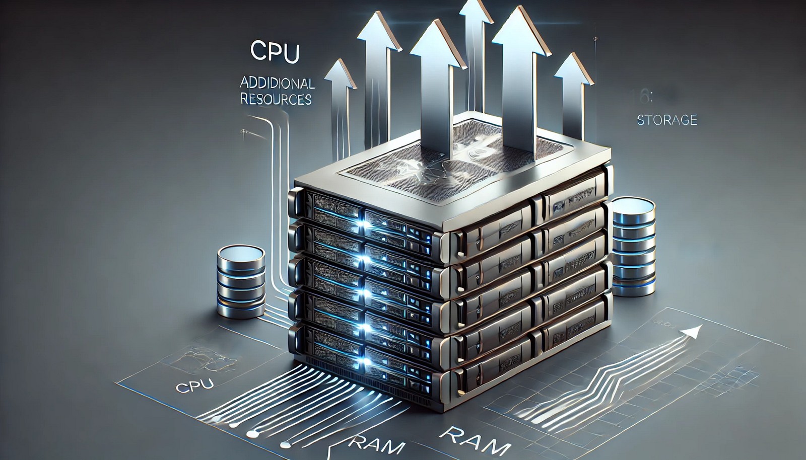 A modern server with layers of resources like CPU, RAM, and storage expanding upward, represented with clean arrows in a minimalistic futuristic style, symbolizing vertical scaling.