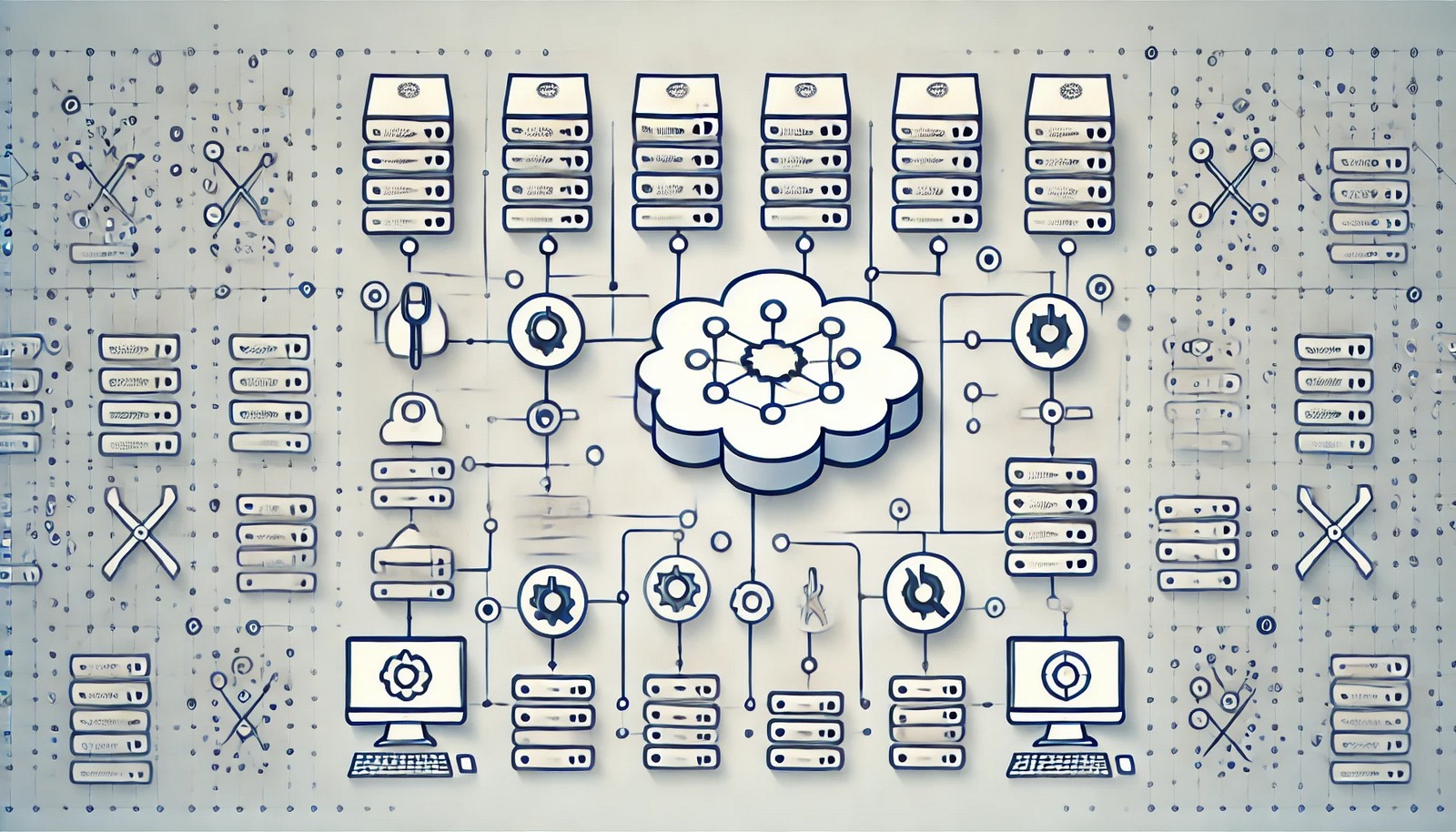 A sleek and minimalistic visual of Configuration Management showing a network of synchronized servers, devices, and software, centrally monitored, symbolizing seamless organization and effective system management.