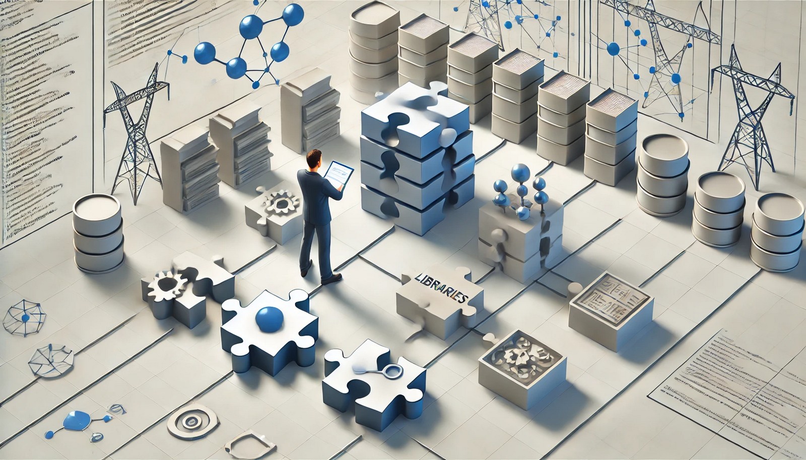 A digital illustration shows a software developer managing interconnected libraries and tools symbolized as puzzle pieces fitting together, with a clean background of nodes and lines depicting dependencies.