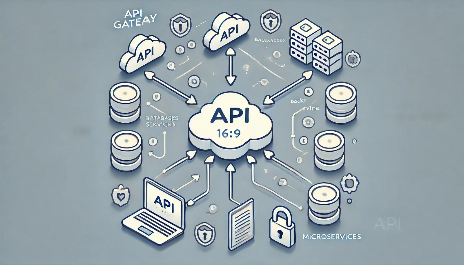 A central API Gateway connects client devices like smartphones and computers to backend services such as databases and microservices, with arrows and security elements symbolizing communication and protection.