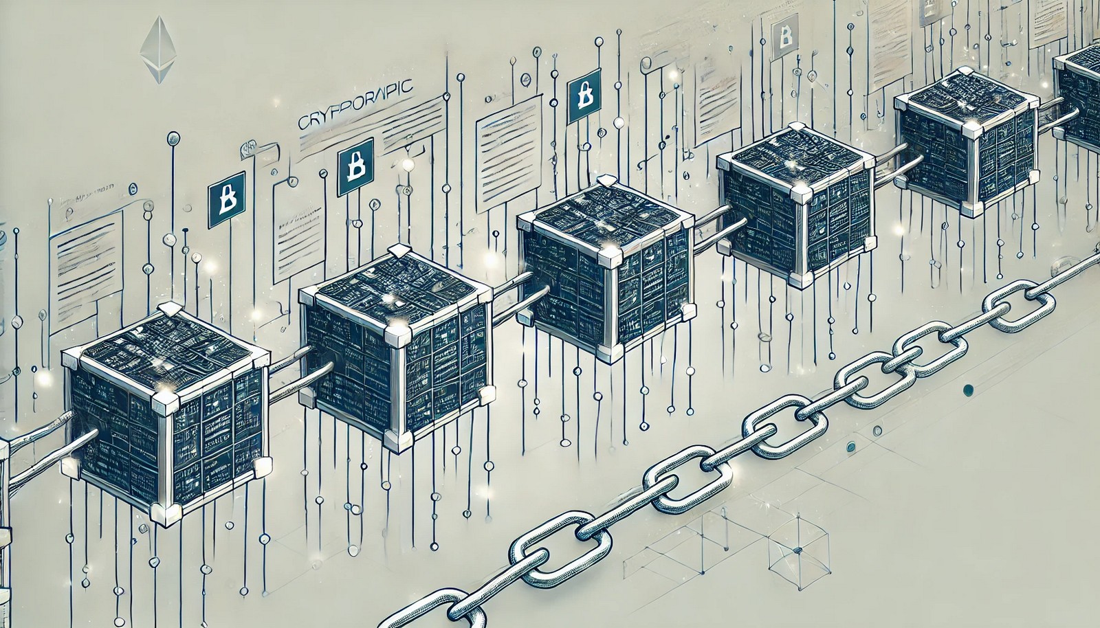 A digital chain of blocks connected sequentially, each displaying cryptographic hashes and data entries, surrounded by a decentralized network of interconnected nodes, highlighting blockchain technology's security and transparency.
