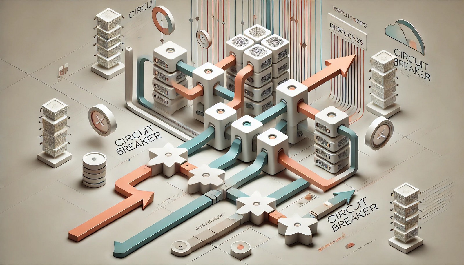 An abstract illustration showing a circuit breaker metaphor with arrows blocked from reaching a failing service, while a fallback system handles other arrows. Clean design, minimalist and technological.