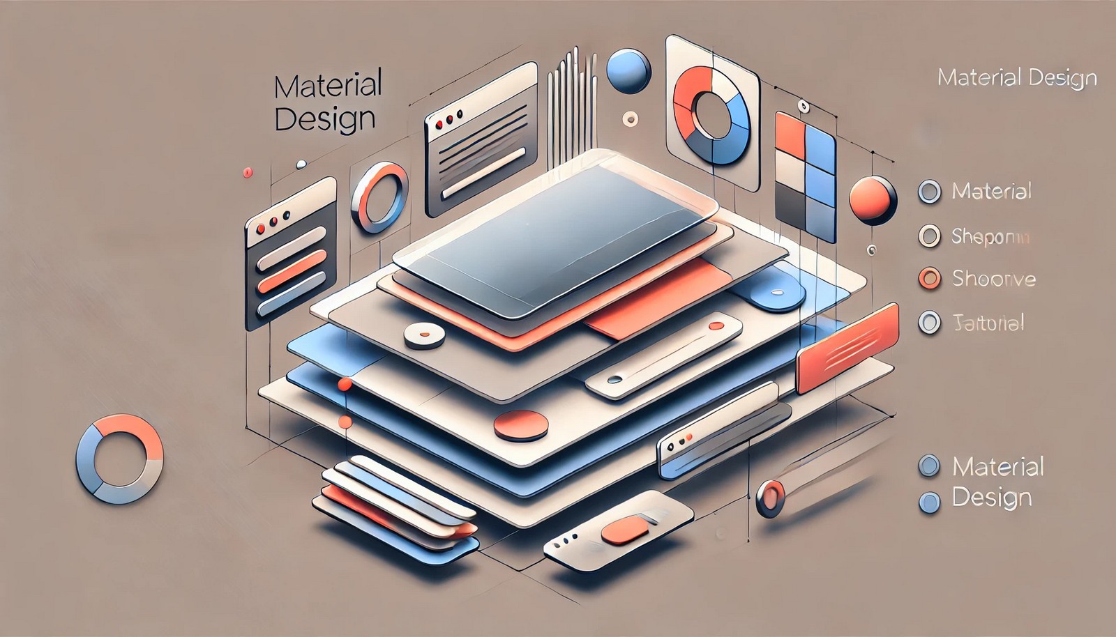 A digital illustration showcasing Material Design principles with layered elements like cards, buttons, and realistic shadows. The layout highlights smooth motion and responsive design, with no text included.