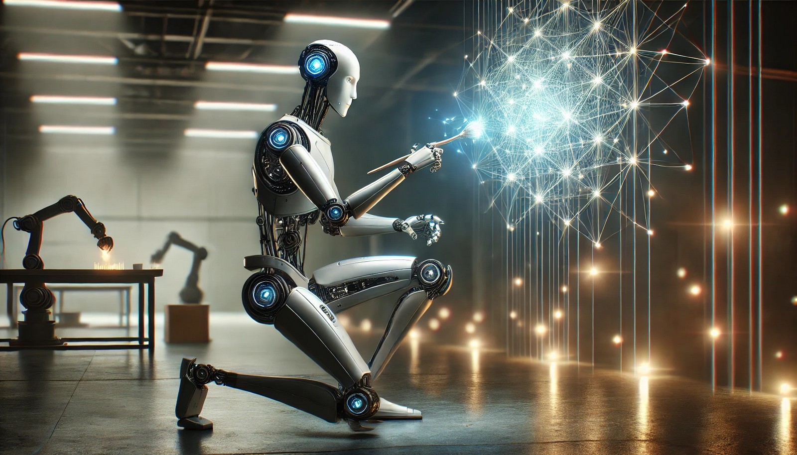 A sleek futuristic robotic artisan constructs a glowing, intricate web-like structure with luminous strings in a minimalistic digital workshop, symbolizing precision, elegance, and innovative efficiency.