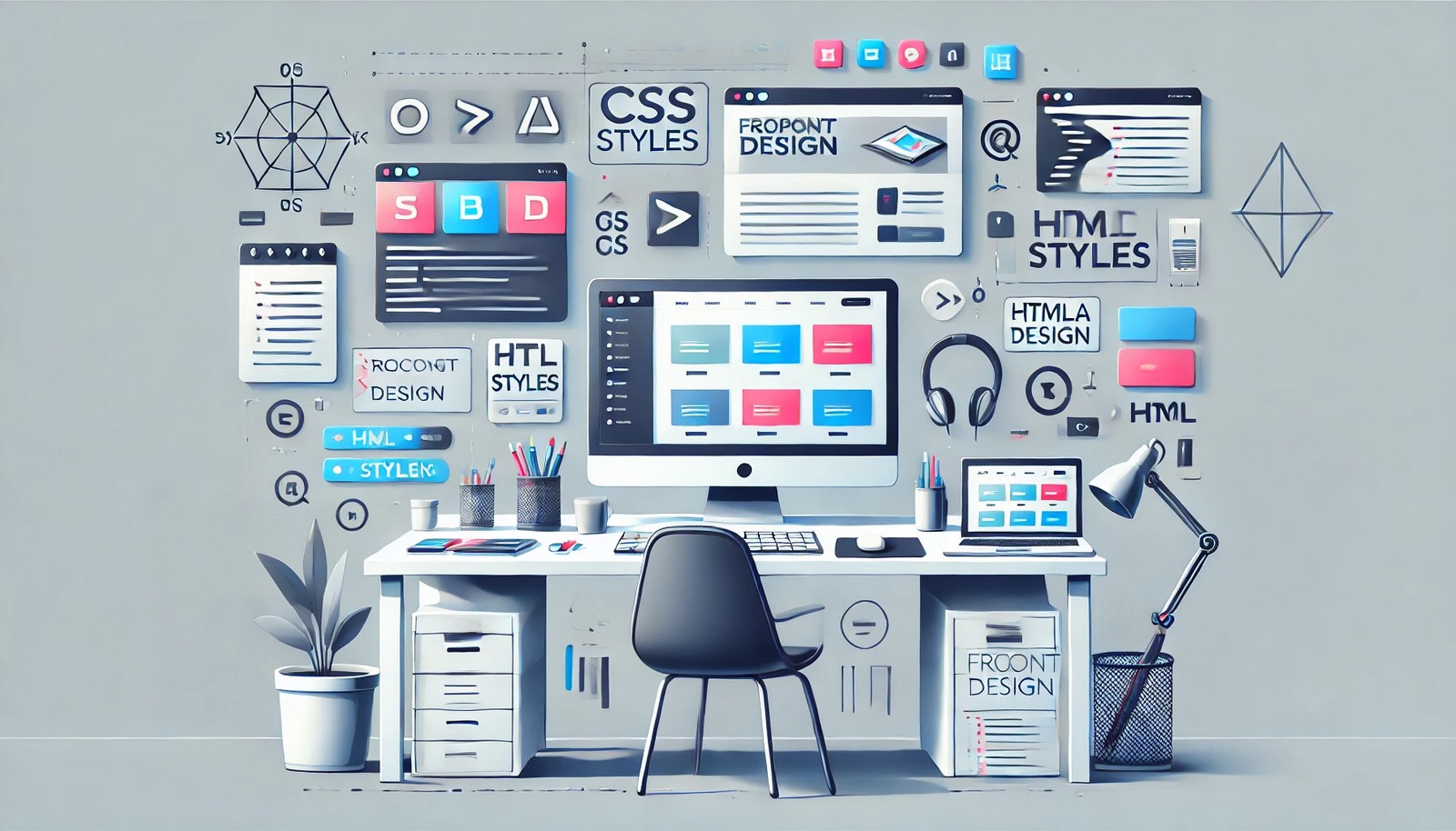  A modern web developer's workspace showing a sleek desk with a computer displaying a colorful website layout, surrounded by coding symbols and responsive design icons, emphasizing front-end development.