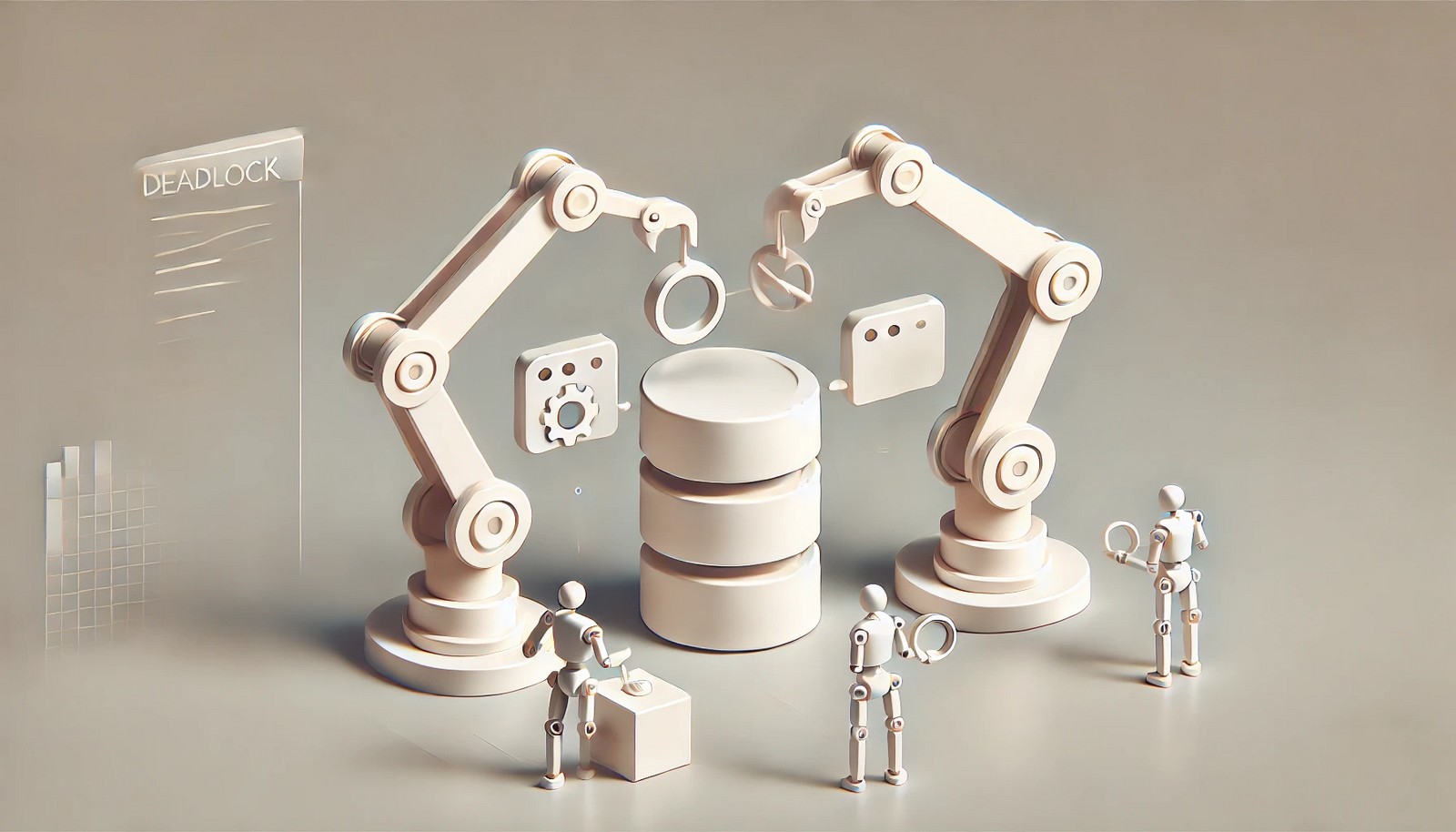 Two robotic arms depicted in a minimalist design, each holding a resource that the other requires, visually symbolizing the concept of a deadlock in computer systems against a soft gradient background.