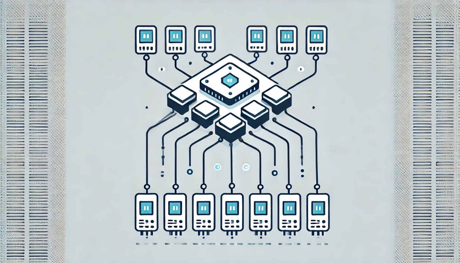 Illustration of parallel computing with a central processor dividing a task into smaller subtasks, each processed concurrently by multiple separate processing units, symbolizing efficiency and collaboration.