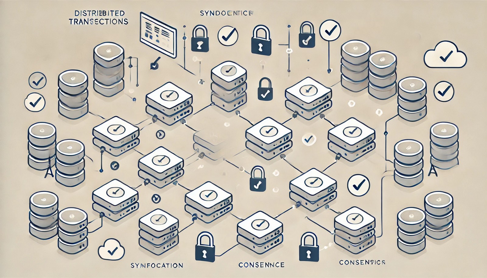 An illustration of distributed transactions showing interconnected servers with arrows indicating data flow. Locks and checkmarks emphasize synchronization and coordination in a minimalistic, modern design.