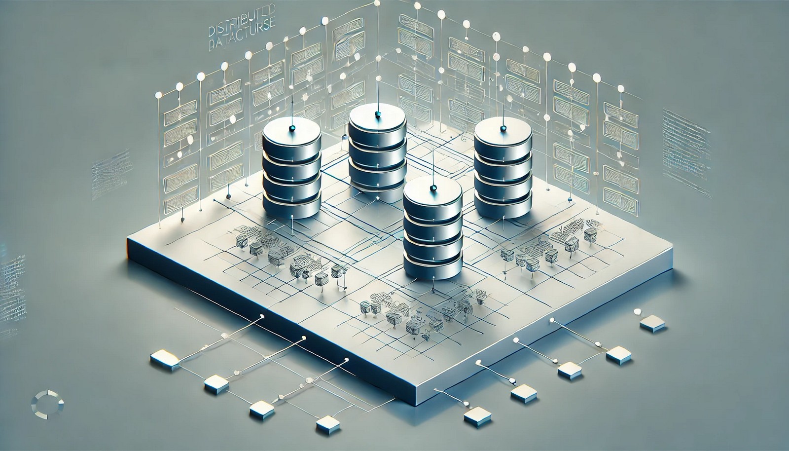 A minimalist visual of a distributed database system, showing interconnected nodes managing data in a grid-like architecture, symbolizing scalability and fault tolerance with a futuristic digital design.