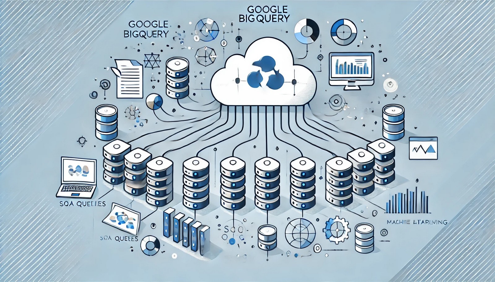 An abstract illustration of Google BigQuery, showcasing interconnected servers processing data streams, a central cloud symbolizing scalability, and icons representing SQL queries, machine learning, and analytics dashboards.