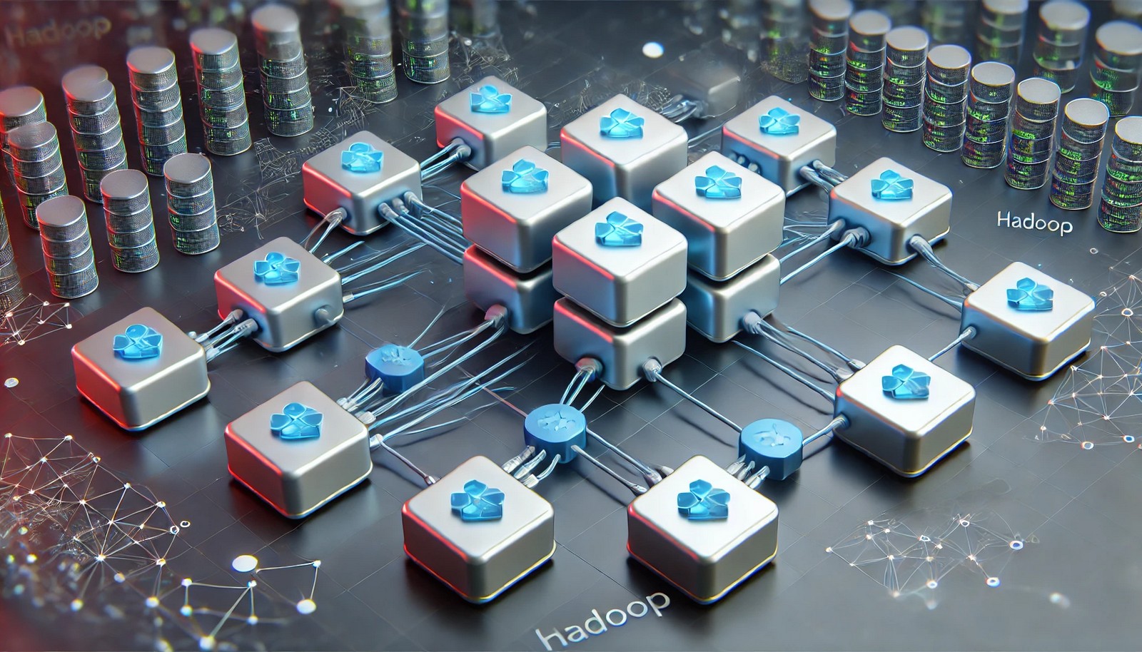 A digital illustration showing data blocks distributed across a network of interconnected nodes, each processing a portion of data, representing Hadoop's distributed computing and big data analytics functionality.