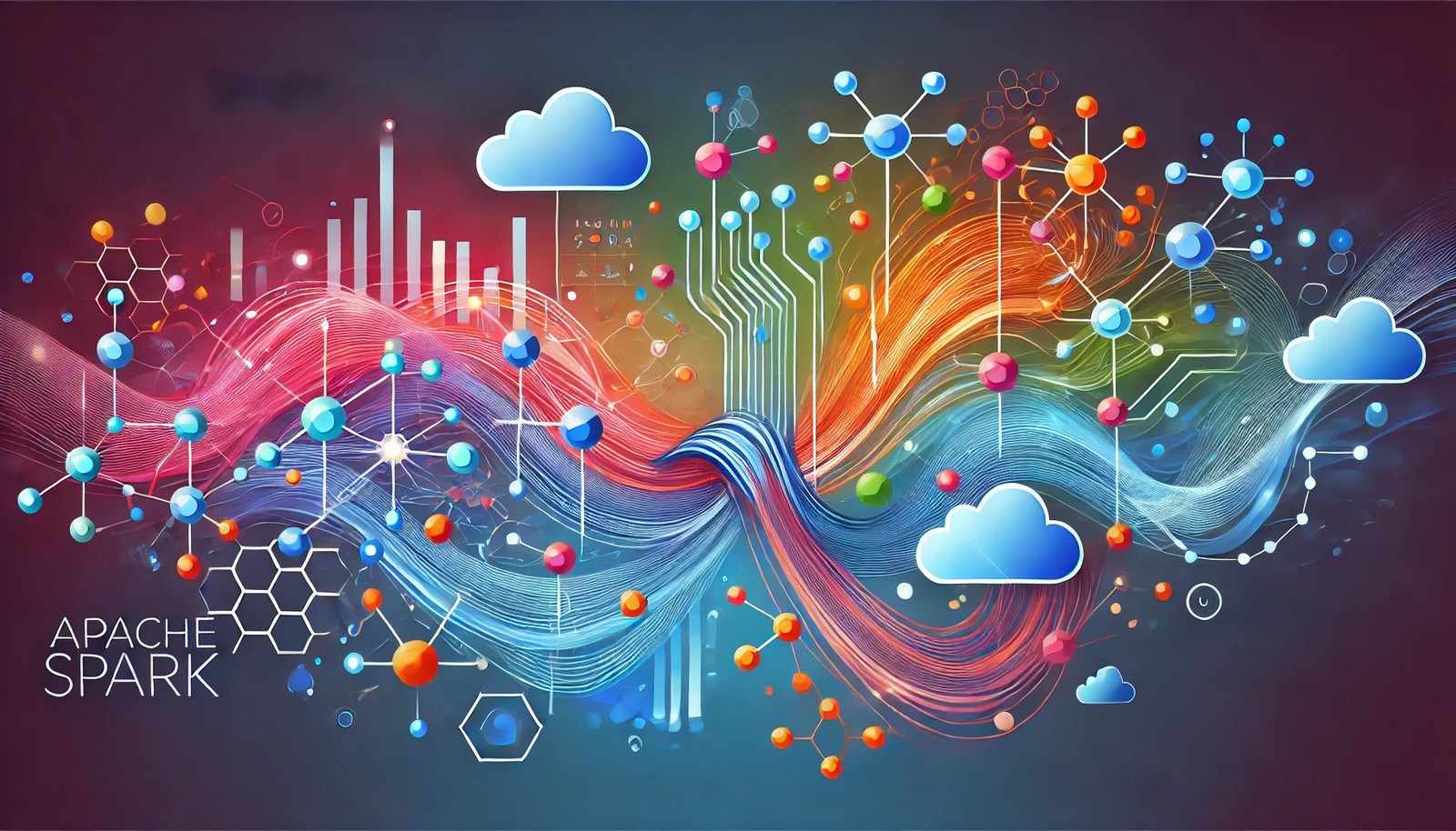 An artistic representation of Apache Spark's distributed computing, featuring vibrant interconnected nodes and clusters illustrating data processing and flow in a dynamic and modern style.