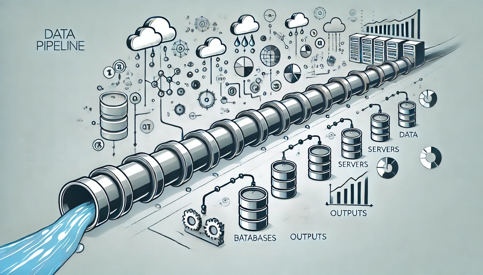  A conceptual illustration of a data pipeline showing liquid-like data flowing through interconnected tubes and machinery, with database icons as sources and graphical charts as outputs in a clean, minimalistic design.