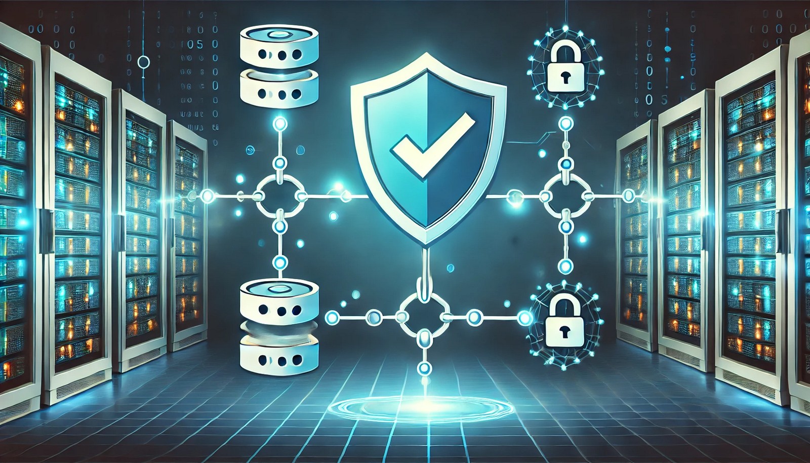 An illustration of data integrity featuring a glowing and unbroken data chain between a server and a user. The design includes a shield symbolizing protection, emphasizing secure and reliable data flow.