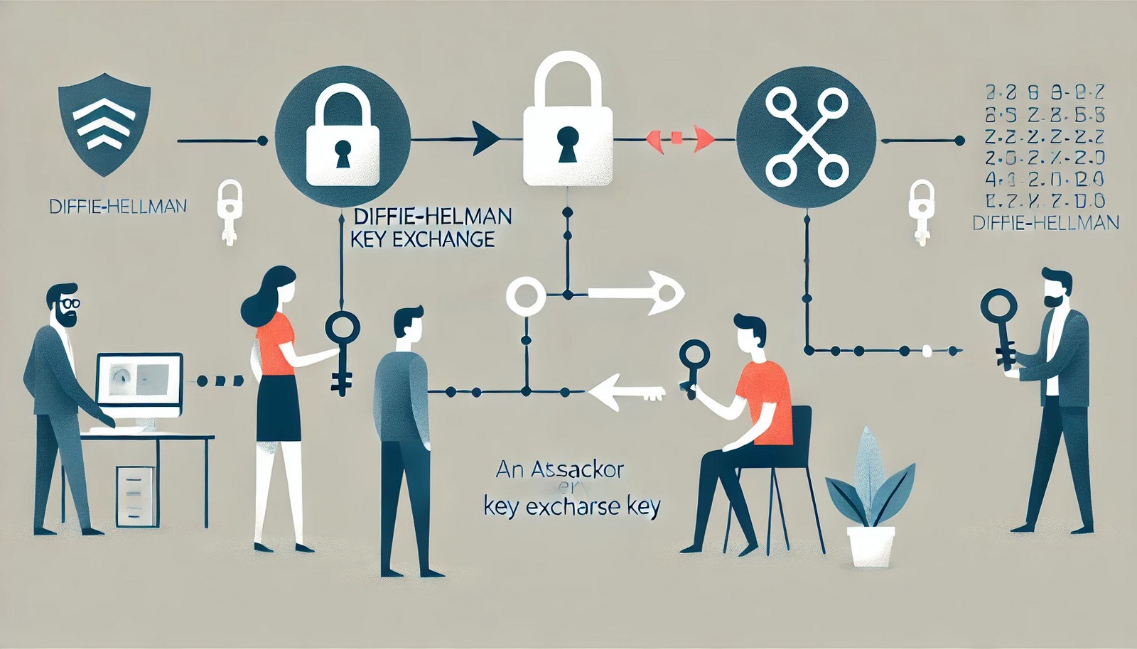 A minimalist illustration showing the Diffie-Hellman Key Exchange process. Two individuals exchange cryptographic keys over a public network, while an attacker observes but fails to decipher the final shared key. The image uses simple shapes, arrows, and color coding to emphasize security and encryption.