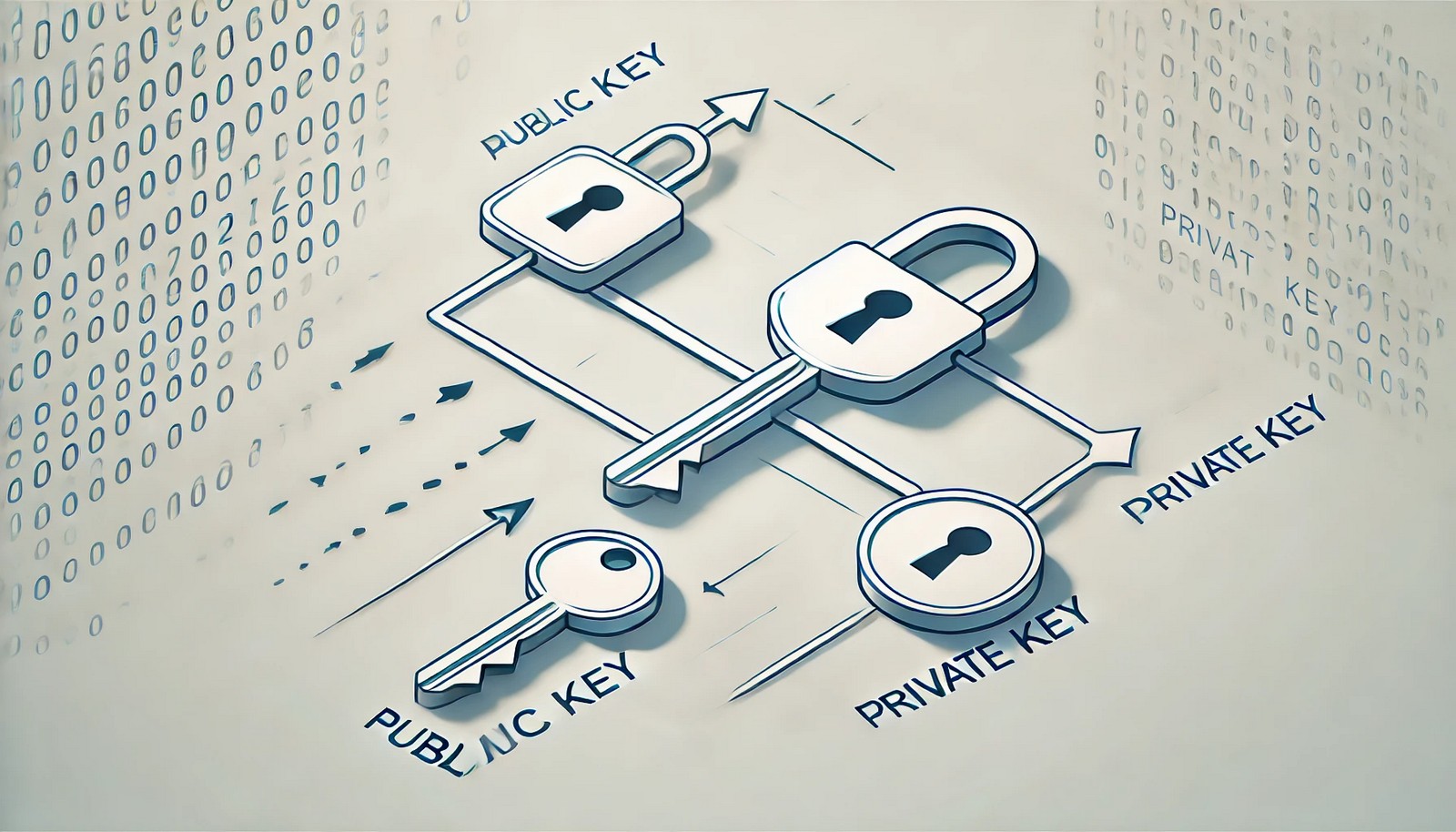 A minimalistic illustration of asymmetric encryption, showing a sender encrypting a message with a public key and a receiver decrypting it with a private key. Arrows indicate the secure data exchange process.