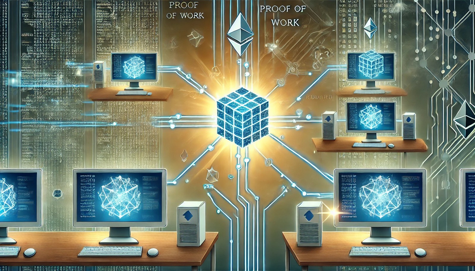 A futuristic digital illustration of Proof of Work in blockchain, featuring multiple computers racing to solve a cryptographic puzzle. One computer successfully finds the solution, earning a reward, with interconnected blockchain elements in the background.