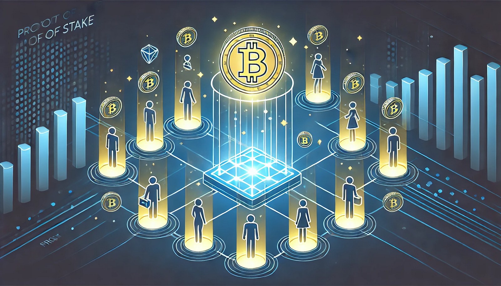A futuristic digital illustration showing cryptocurrency holders staking tokens into a decentralized blockchain network. A selected validator is depicted processing transactions, with glowing assets symbolizing security and efficiency in Proof of Stake.