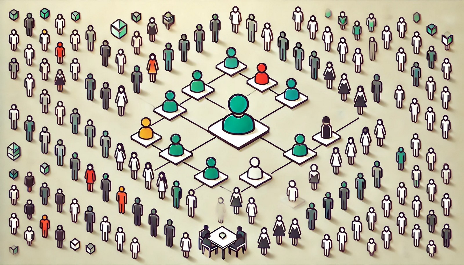 An illustration of Delegated Proof of Stake showing a large group of diverse people icons voting towards a smaller, highlighted group of delegates, symbolizing transaction validators in a minimal, organized structure.