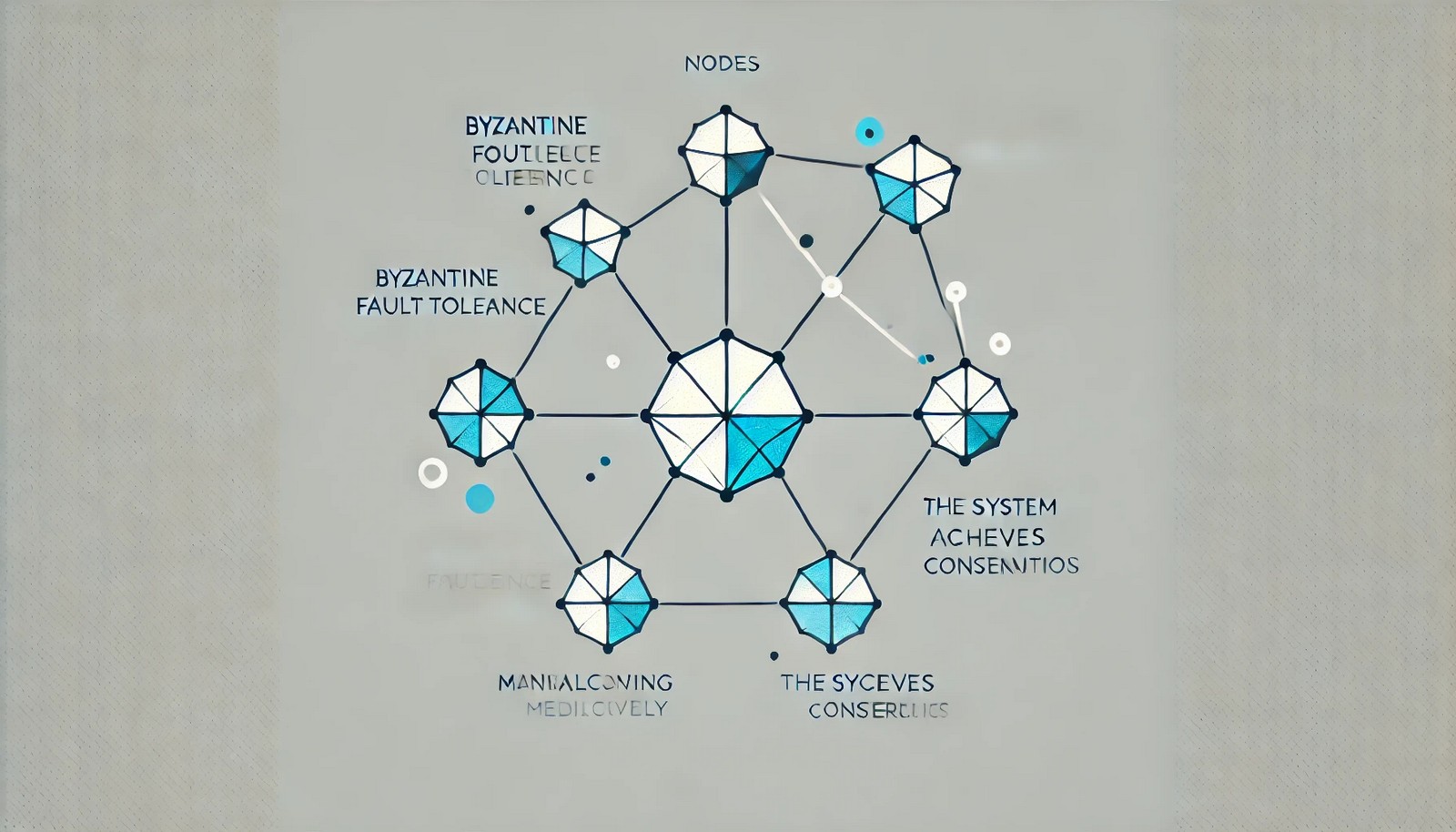 An abstract network of geometric nodes connected by lines, with some nodes depicted as malfunctioning or misaligned. Despite disruptions, the system shows harmony and consensus, symbolizing Byzantine Fault Tolerance.