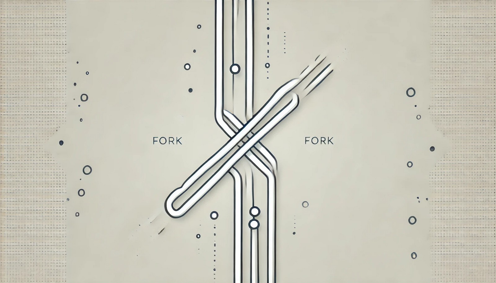 A minimalistic illustration of a blockchain fork, showing a single path splitting into two separate chains. The design features clean geometric lines with a light background and contrasting darker paths.