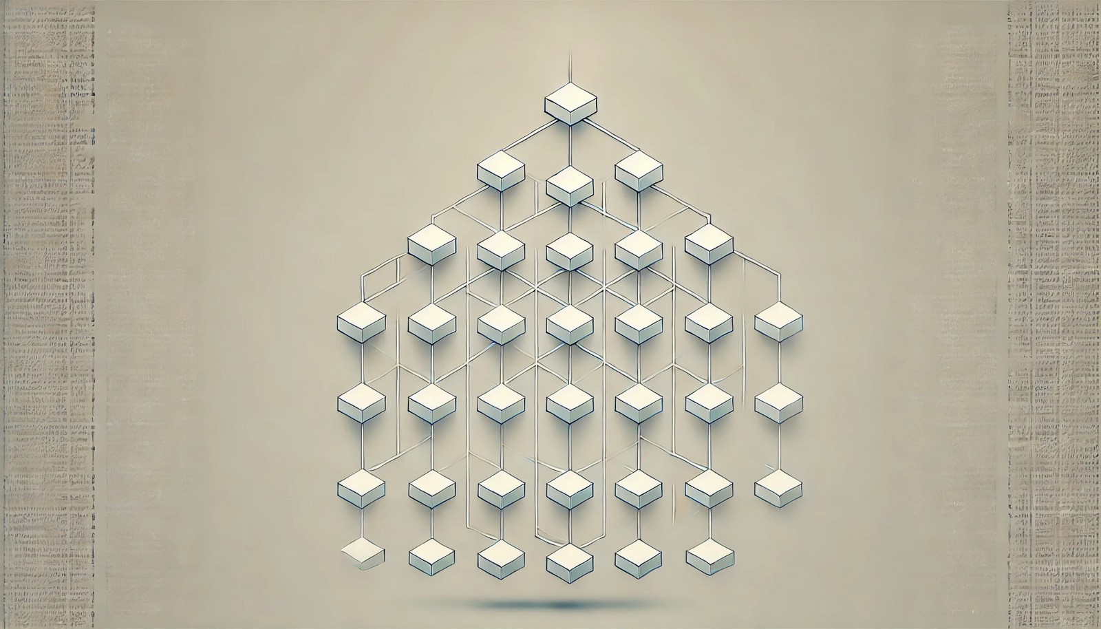 A minimalist digital illustration of a Merkle tree, displaying a hierarchical structure where hashed blocks merge into higher nodes, forming a pyramid-like shape that leads to a single root hash at the top.