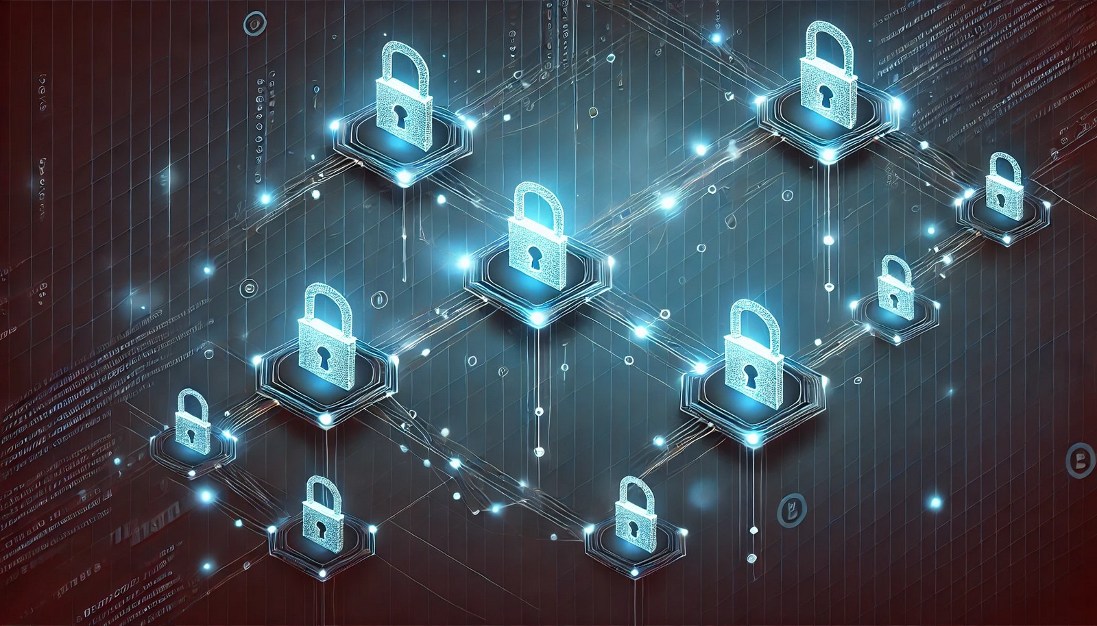 A futuristic, high-tech illustration of an immutable ledger featuring interconnected blockchain nodes with glowing links secured by cryptographic locks, symbolizing data integrity, security, and decentralization in a cyber-inspired digital network.