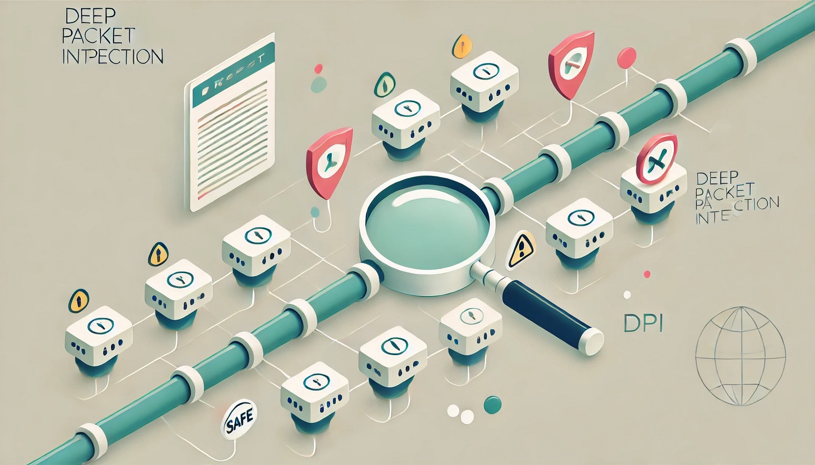 Minimalist illustration of Deep Packet Inspection showing a network traffic pipeline. Several data packets pass through a magnifying glass filter, with some packets marked safe and others flagged.
