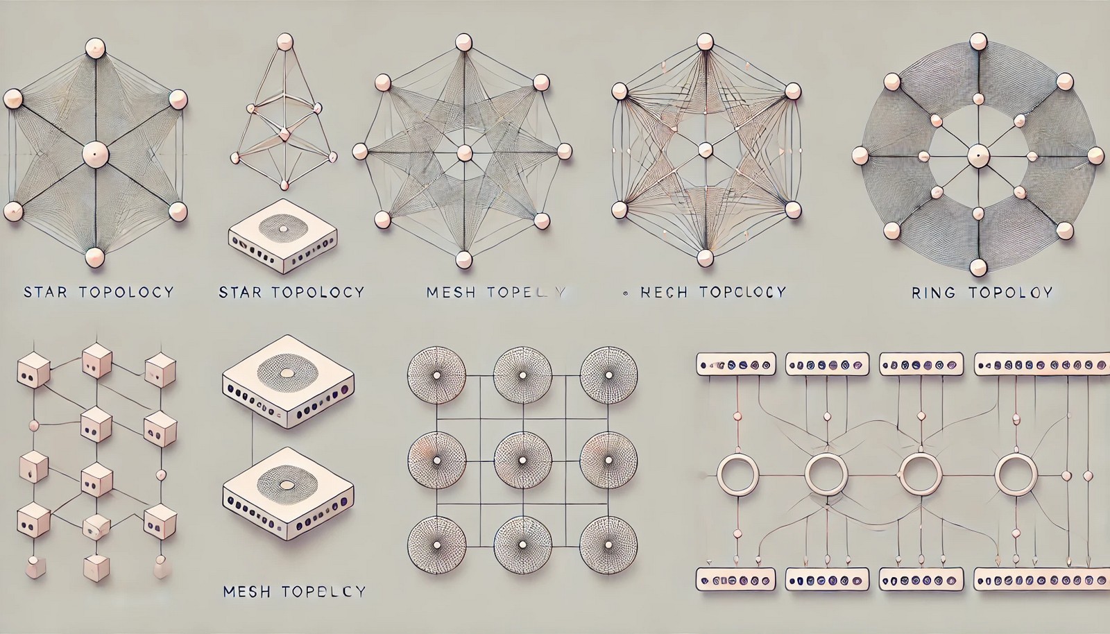 Minimal illustration of network topologies in a 16:9 ratio, showing star, mesh, and ring topologies with nodes and connecting lines representing devices and network structures in a geometric layout.