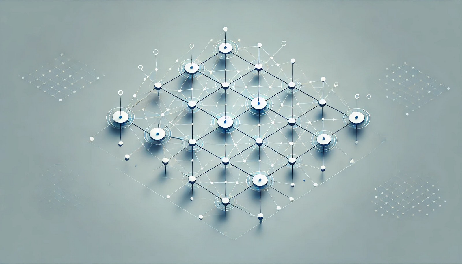 Mesh network illustration showing interconnected nodes in a web-like structure, representing decentralized communication and self-healing topology. The design is clean and minimal with a modern, soft-gradient style.
