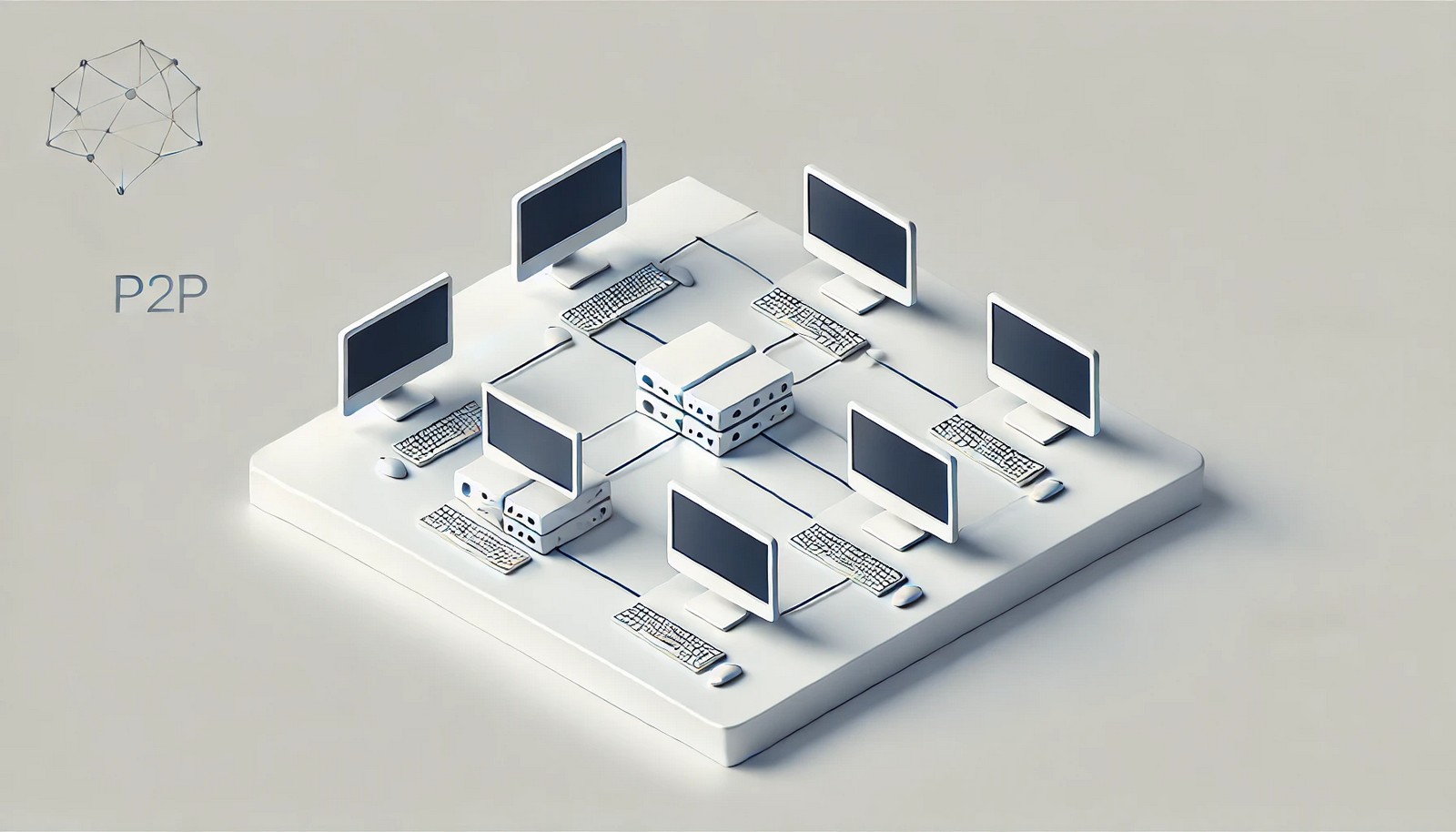 A minimalistic illustration of Peer-to-Peer (P2P) architecture, featuring multiple computers interconnected directly without a central server, symbolizing decentralized communication and resource sharing in a distributed network.