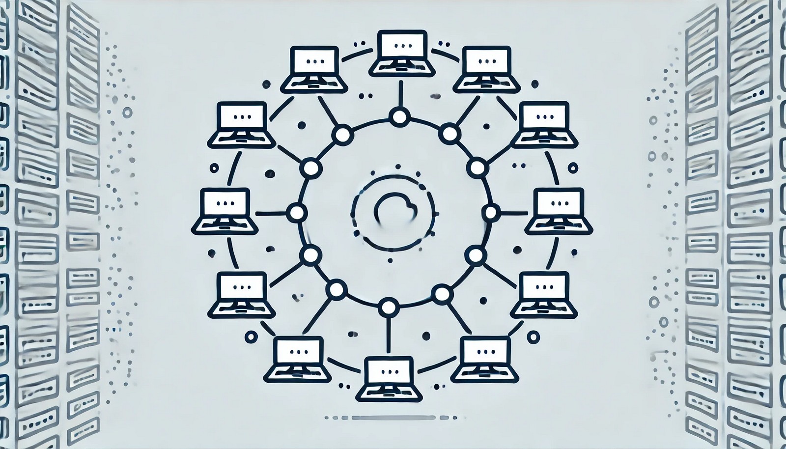 A minimal illustration of a ring network topology showing interconnected nodes in a circular arrangement, with each node representing a computer or device linked by clean, simple lines.