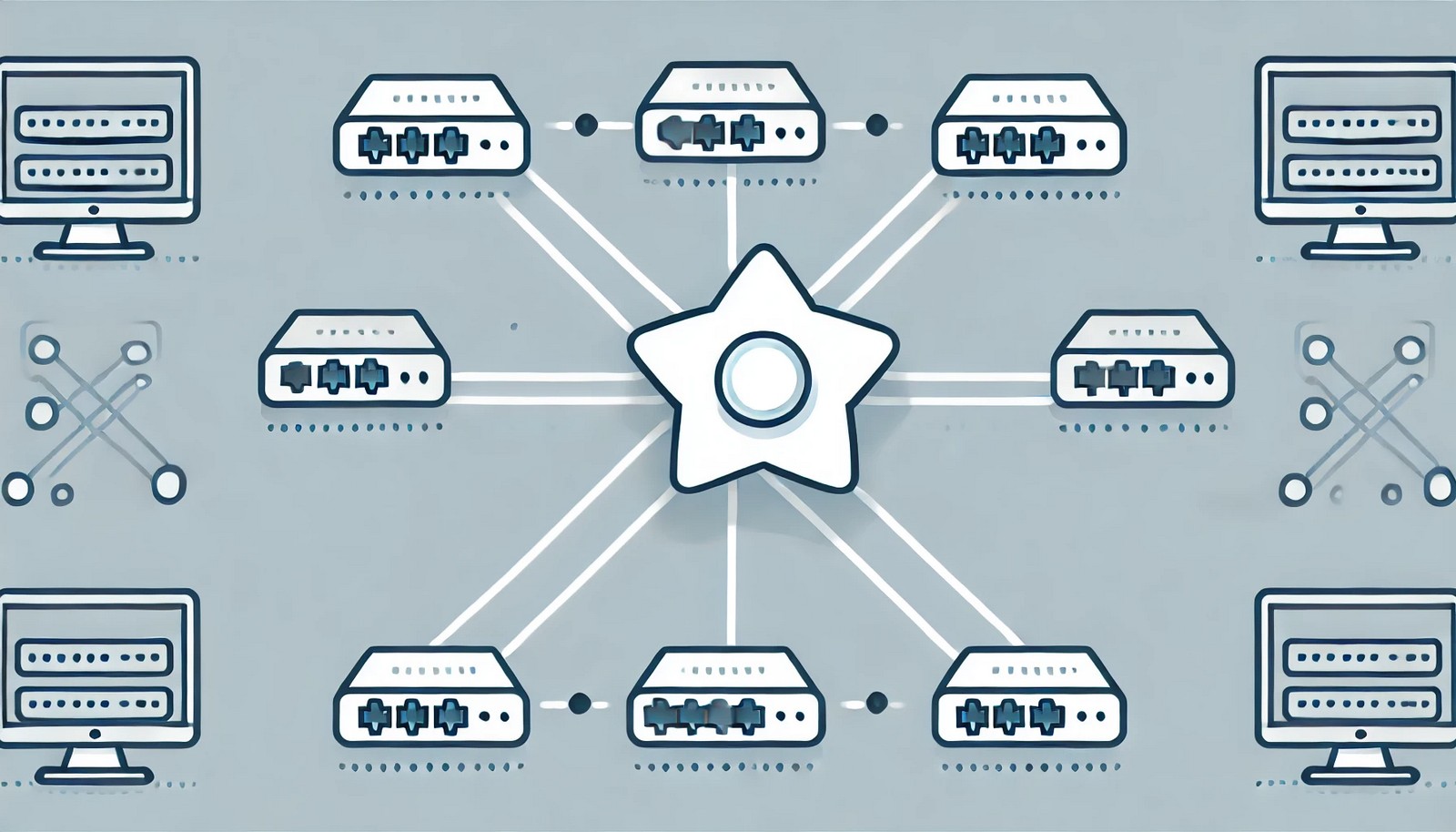 An illustration of a star network topology, showing a central hub connected to multiple devices in a star-like layout. The design is flat, minimal, with rounded edges and a clean, modern style.