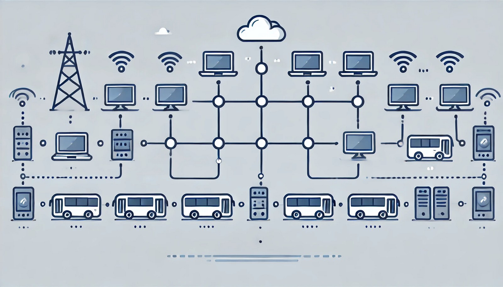 A minimalist illustration of a bus network topology, showing a horizontal communication line with multiple connected devices like computers and sensors, representing a shared communication channel. No text included.