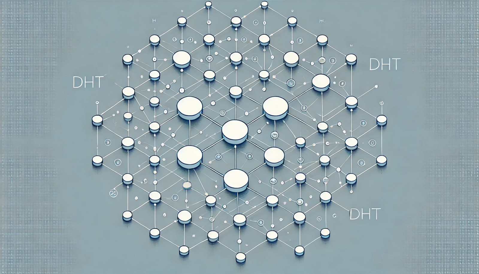 A clean illustration of a distributed hash table (DHT) with connected nodes in a peer-to-peer network, showing circular nodes linked by arrows indicating data lookup paths, depicting a decentralized system.