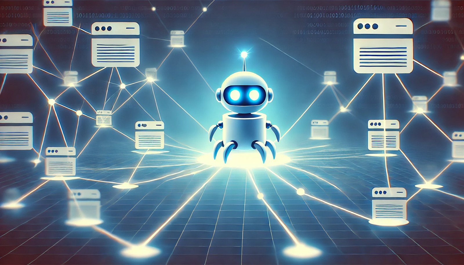 A web crawler depicted as a glowing robot moves between interconnected web page nodes, leaving a bright trail, symbolizing data collection and internet connectivity, on a minimalist tech-blue background.