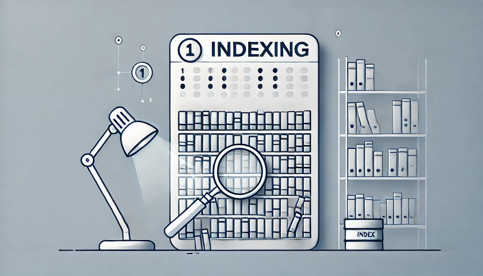 A clean illustration showing a library with organized bookshelves and an index card catalog system, symbolizing an indexing algorithm for efficient data retrieval, without any text on the image.