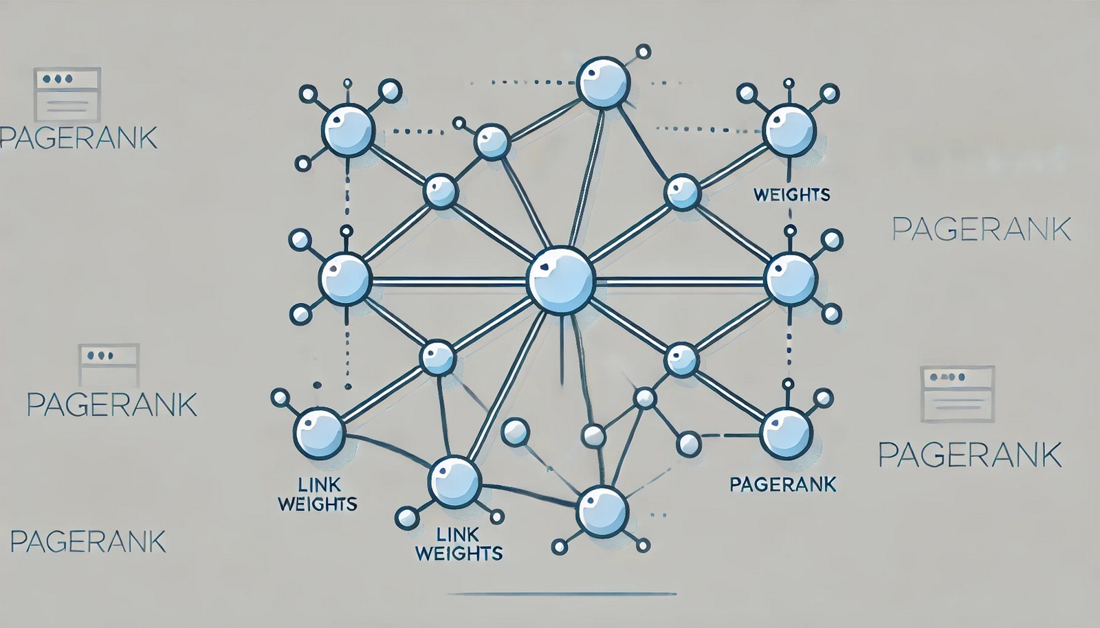 Illustration showing interconnected nodes representing web pages in a PageRank network. Nodes vary in size and link strength, with larger nodes indicating higher importance, arranged in a minimalist style.