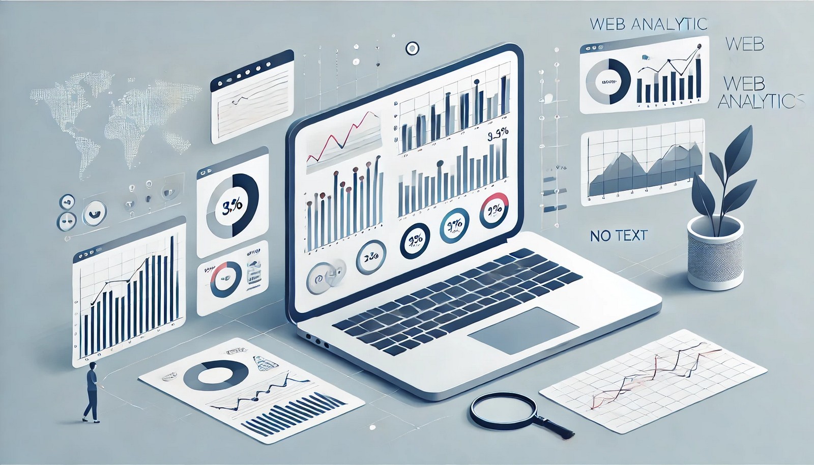 Modern illustration of web analytics showing a laptop screen with data visualizations, including bar charts and graphs. The minimal design features clean lines and soft colors to represent website data insights.