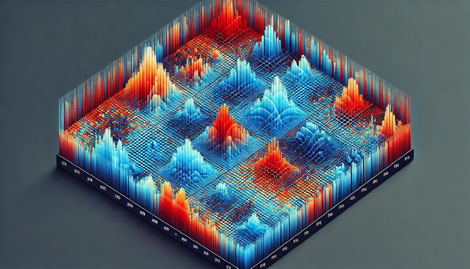 Colorful heatmap grid in 16:9 aspect ratio showing a data matrix with blue to red gradients representing low to high values, visualizing data density and patterns without any text.