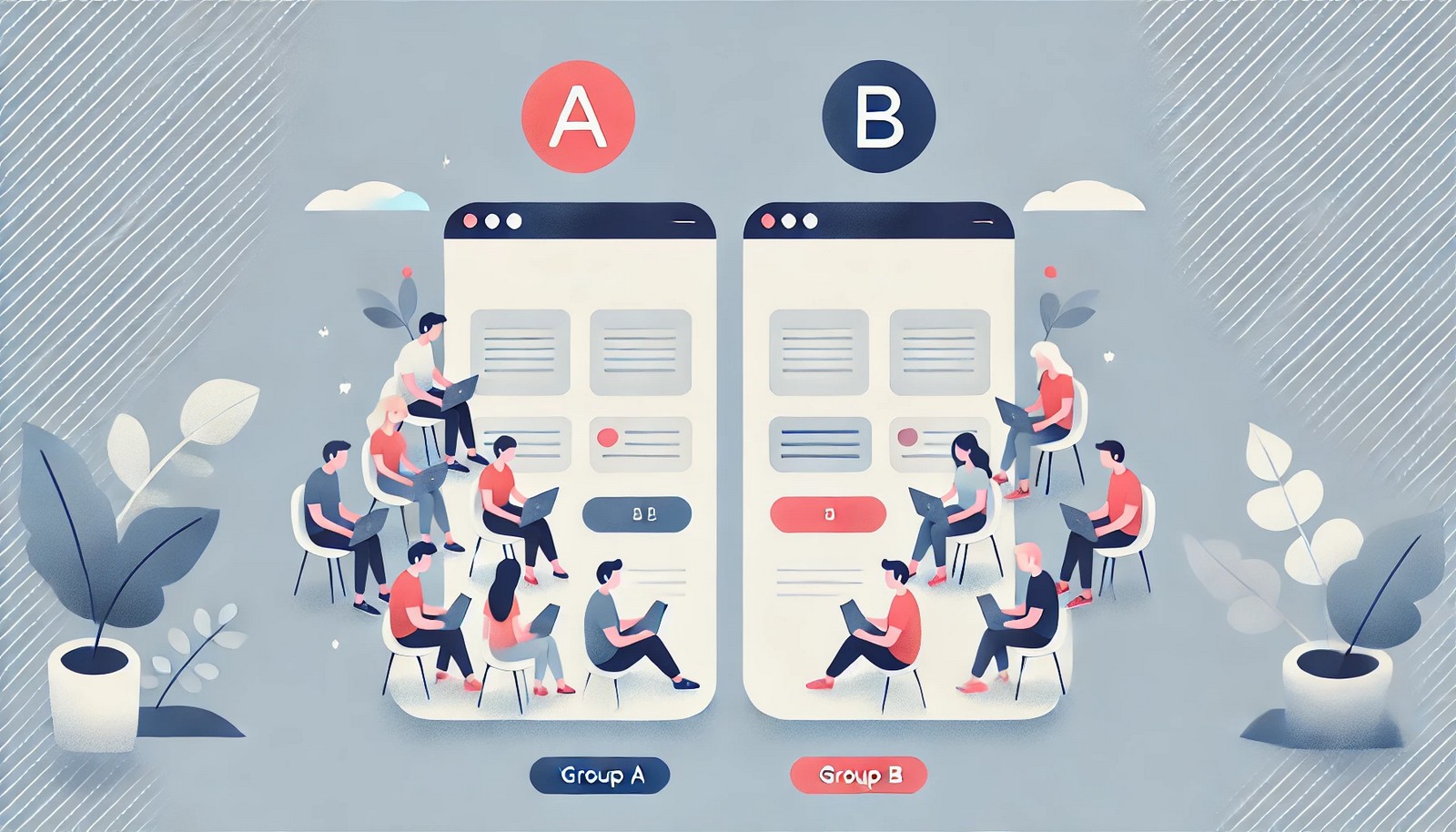 A clean illustration showing two groups of users interacting with two distinct webpage versions, visually representing A/B testing with split testing elements and user engagement indicators.