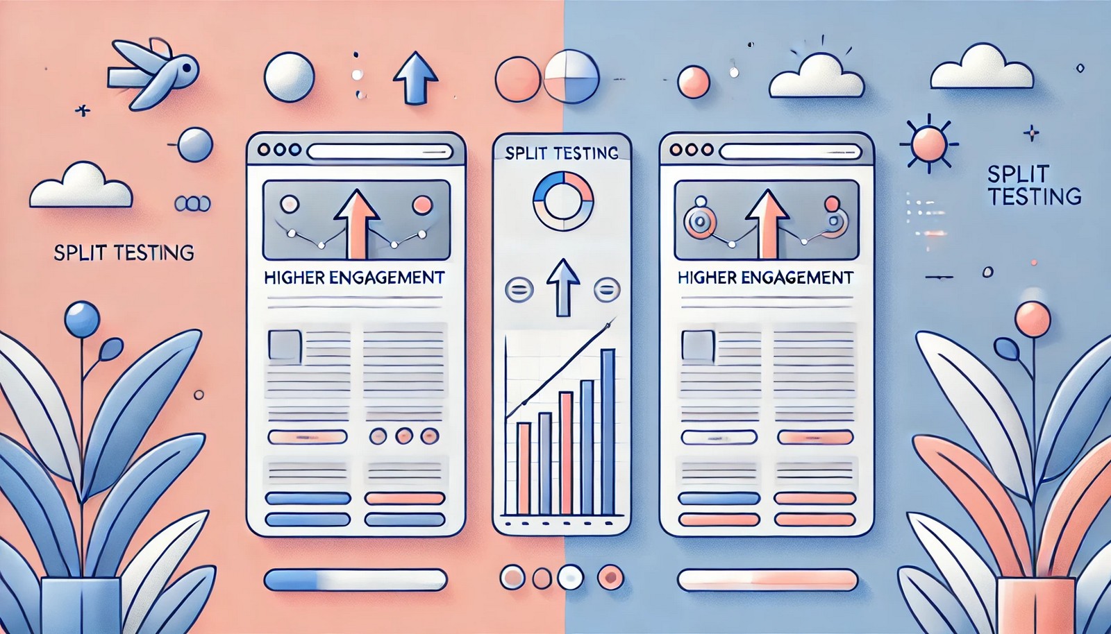A digital illustration of split testing showing two web pages side by side. One page is visually highlighted with upward arrows and bars, representing higher engagement and performance comparison.